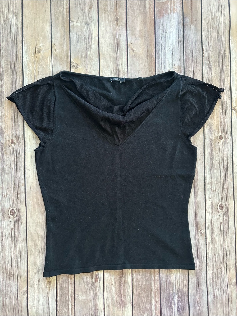 Vintage SculptureSilk Black Mesh Cowl Neck Cap Sleeve Top